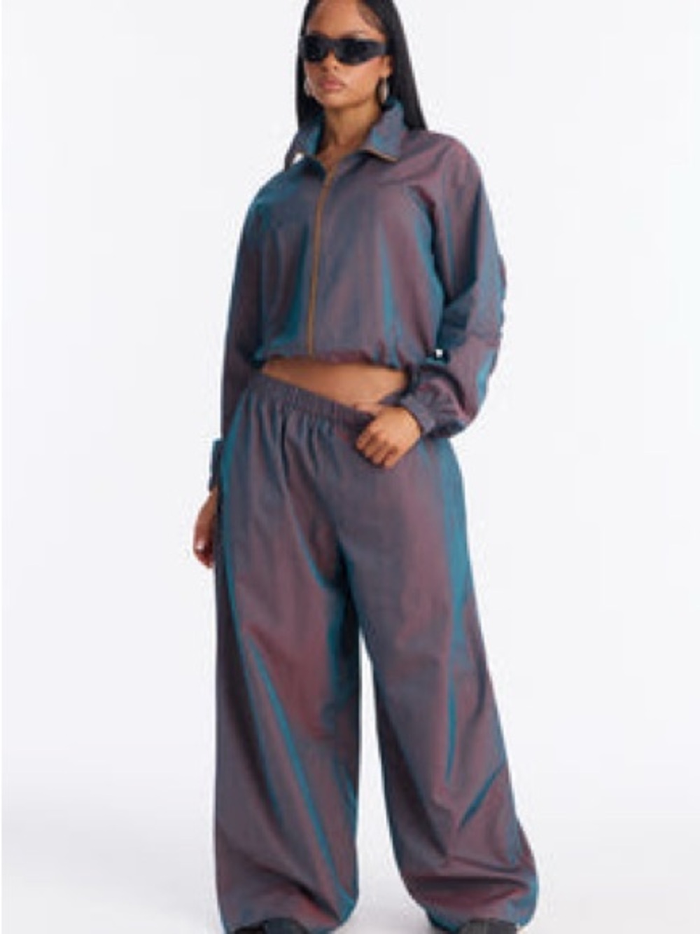 Fashion Nova Iridescent Teal and Burgundy Wide-Leg Pants